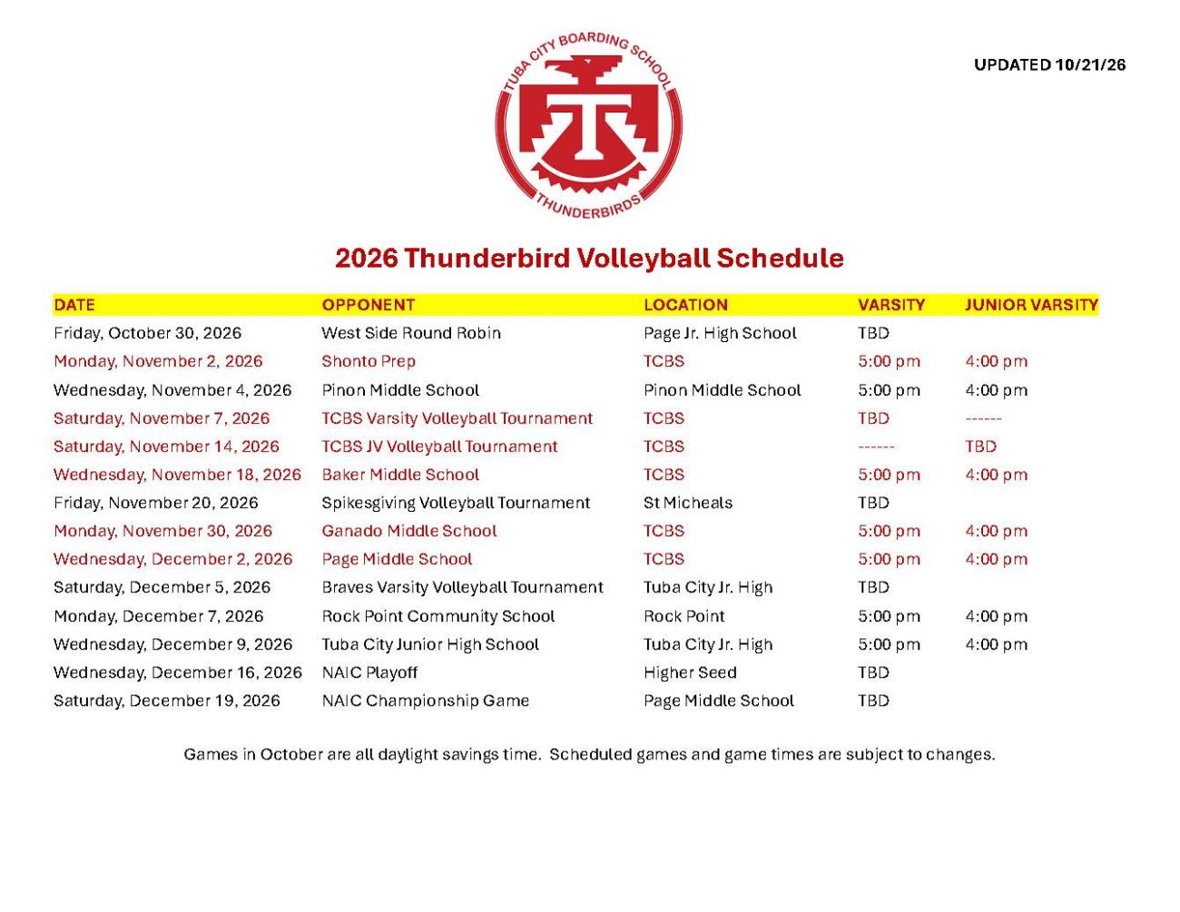 Volleyball Schedule